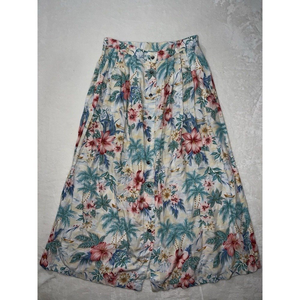 Susan Bristol Vintage Tropical Hibiscus‎ Palm Tree Button Front Midi Skirt 10
